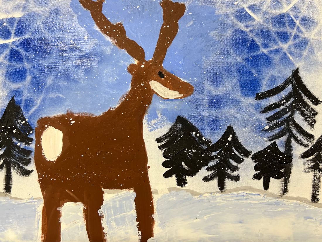 Malbeispiel Hirsch in der Winterlandschaft