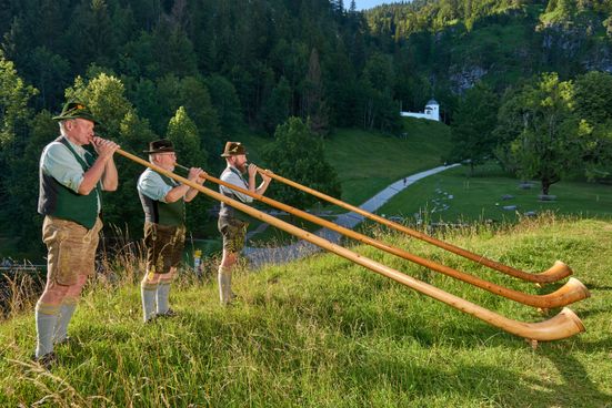 Alphornblaeser im Barfußpark