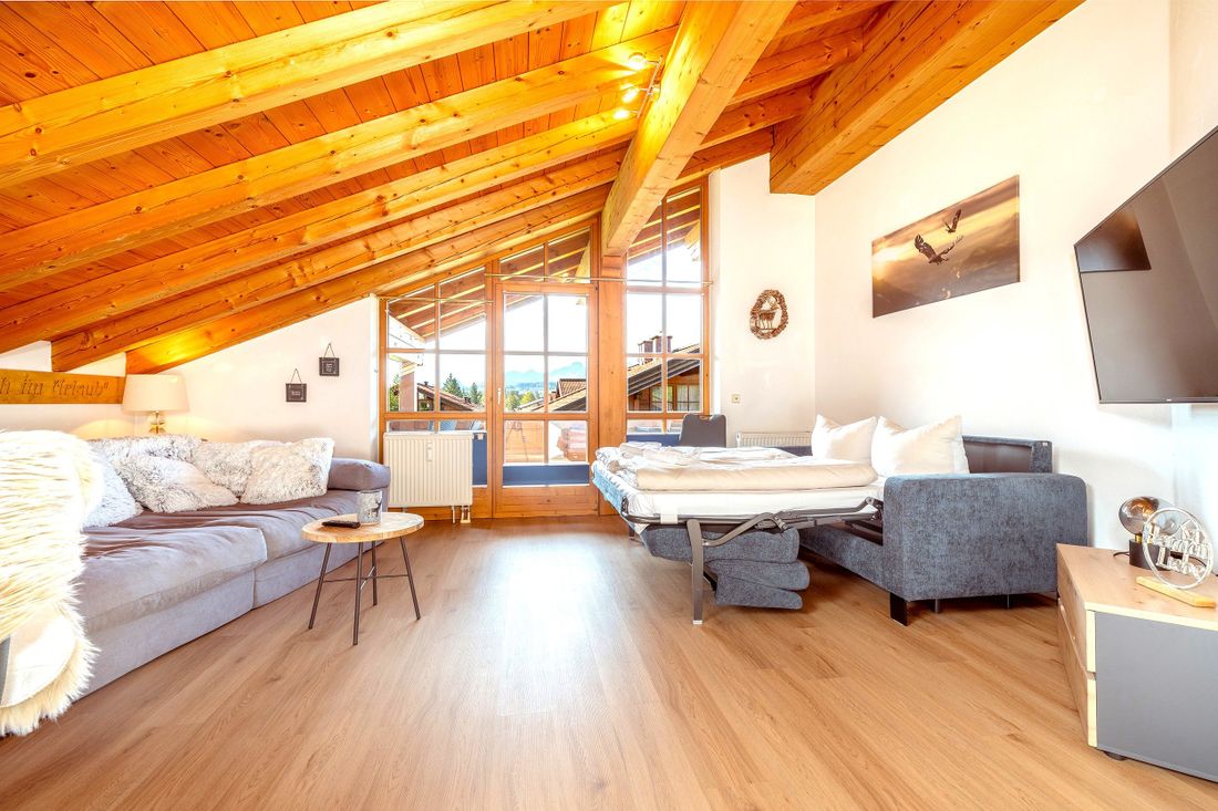 Großer, heller Wohnbereich mit Couch und Schlafsofa (im Bild ausgeklappt)