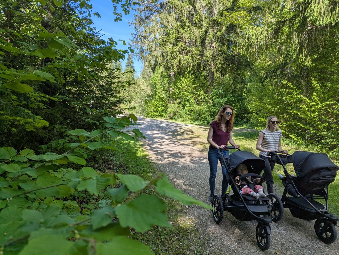 Schattiger Kinderwagen- und Spieleweg